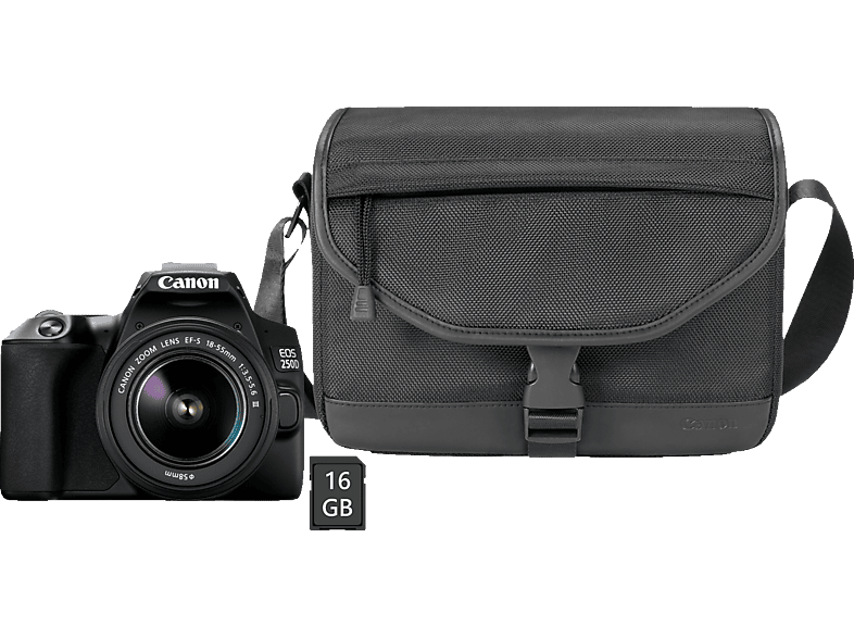 CANON EOS 250D Kit + Tasche SB130 und Speicherkarte SD 16 GB Spiegelreflexkamera, 24,1 Megapixel, 18-55 mm Objektiv, Touchscreen Display, WLAN, Schwarz