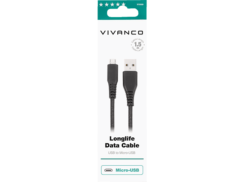 VIVANCO LongLife Micro-USB, Ladekabel, 1,5 m, Schwarz