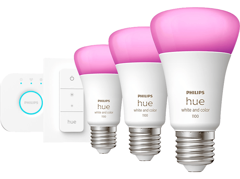 PHILIPS Hue White & Col. Amb. E27 inkl. DimmerSwitch 3x1100 3er Starter Set Mehrfarbig