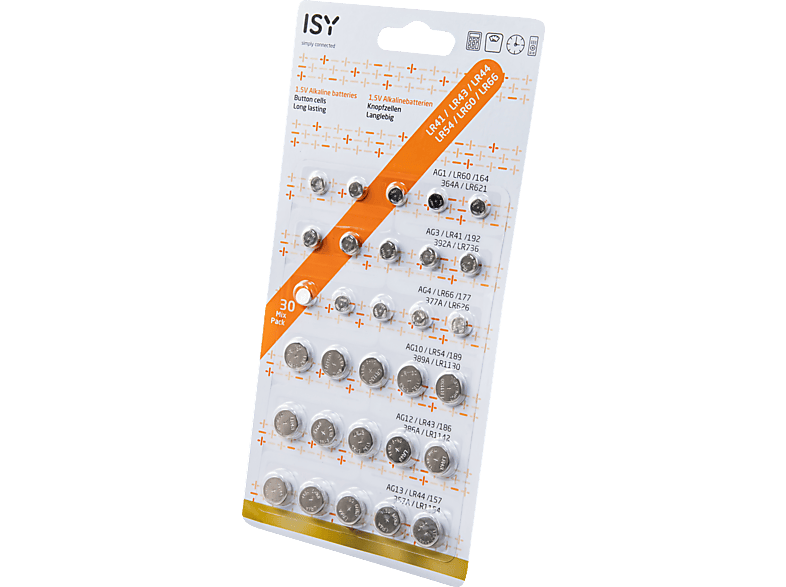 ISY IBA-3030 30-Mix Pack Alkaline-Batterien Knopfzellen, 1.5 Volt