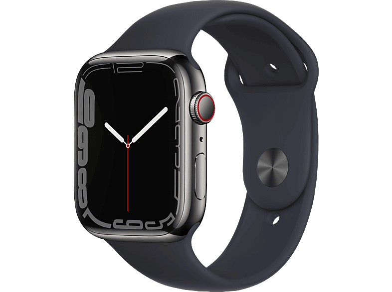 APPLE Watch Series 7 (GPS + Cellular) 45mm Smartwatch Fluorelastomer, 140 – 220 mm, Armband: Mitternacht, Gehäuse: Graphit