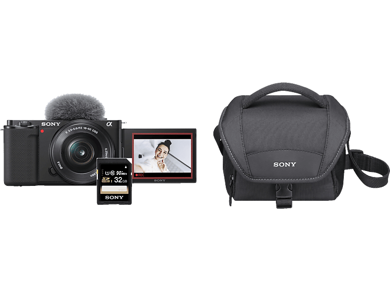 SONY Alpha ZV-E10L Kit + Tasche Speicherkarte Systemkamera mit Objektiv 16-50 mm, 7,5 cm Display Touchscreen, WLAN