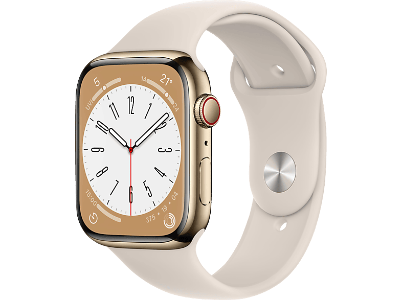 APPLE Watch Series 8 (GPS + Cellular) 45 mm Smartwatch Edelstahl Fluorelastomer, 140 - 220 mm, Armband: Polarstern, Gehäuse: Gold