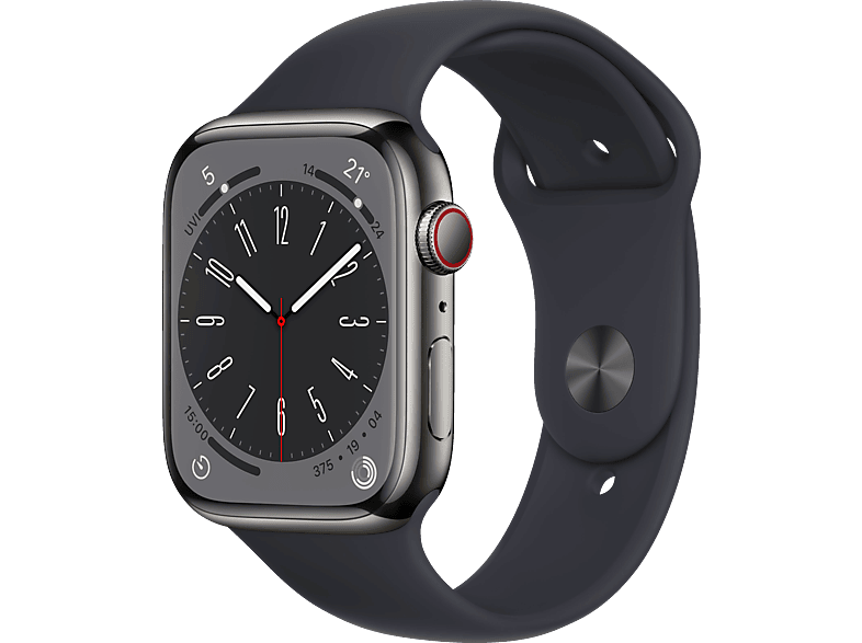 APPLE Watch Series 8 (GPS + Cellular) 45 mm Smartwatch Edelstahl Fluorelastomer, 140 - 220 mm, Armband: Mitternacht, Gehäuse: Graphit