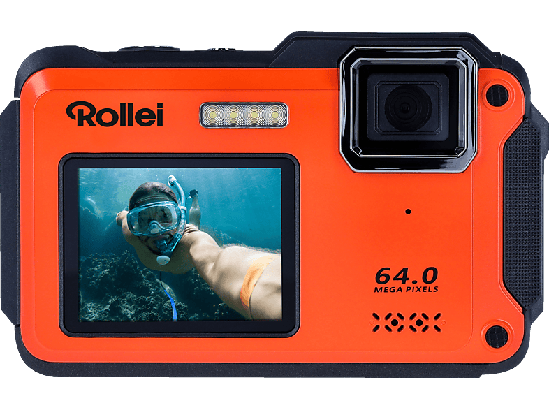 ROLLEI Sportsline 64 Selfie Unterwasserkamera Orange, , k.A. opt. Zoom, 2.8 cm Rückseite, 2 Vorderseite