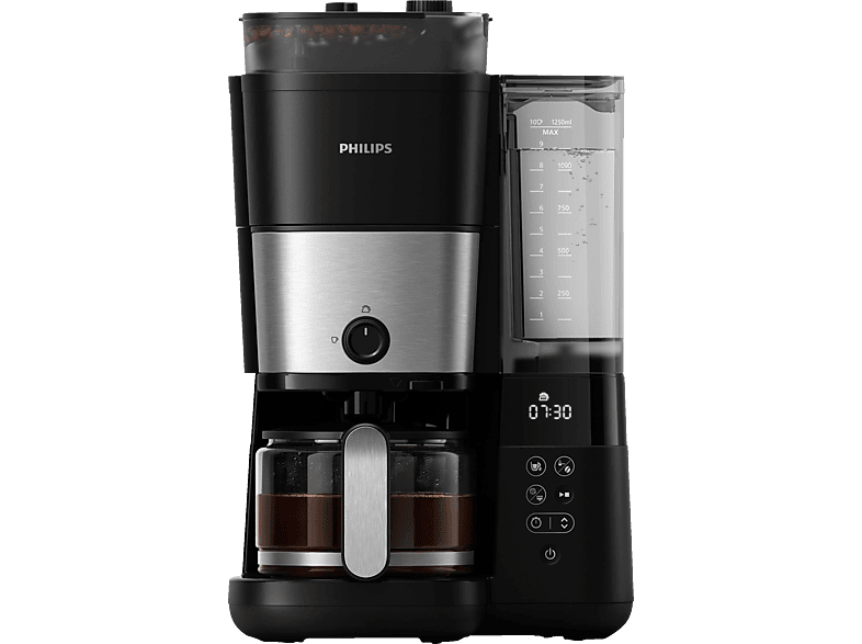 PHILIPS HD7888/01 All-in-1 Brew, mit Mahlwerk, Smart Dosierung und Kaffeebohnenbehälter, Glaskanne, 1,25 Liter, 1000 Watt Kaffeemaschine Schwarz/Silber