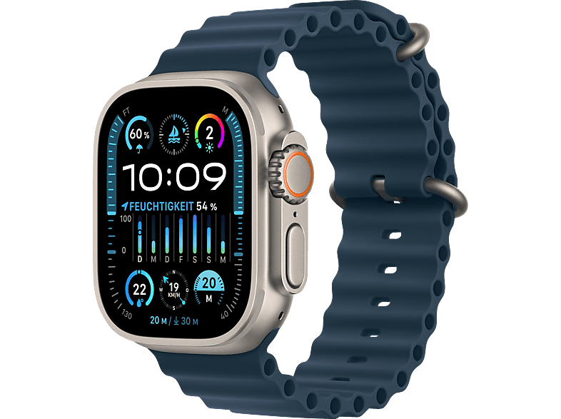 APPLE Watch Ultra 2 GPS + Cellular 49 mm Ocean Armband Blau Smartwatch Titangehäuse, 145 - 190 mm, Titan /