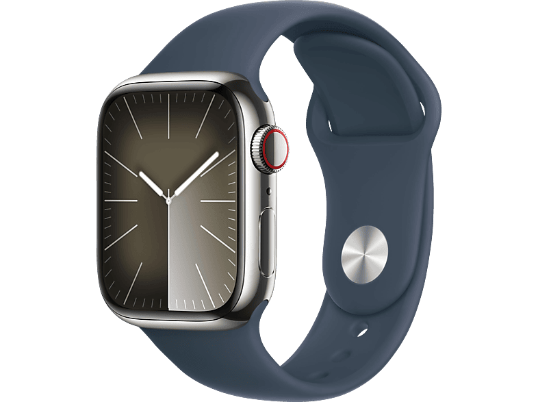 APPLE Watch Series 9 GPS + Cellular 41 mm Smartwatch Aluminium Fluorelastomer, 150 - 200 mm, Silber/Sturmblau