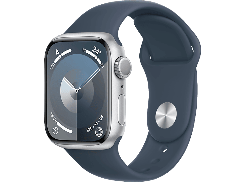 APPLE Watch Series 9 GPS 41 mm Smartwatch Aluminium Fluorelastomer, 130 - 180 mm, Silber/Sturmblau